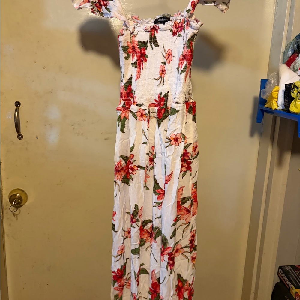 Floral White Maxi Dress with Red & Pink Bloom Print